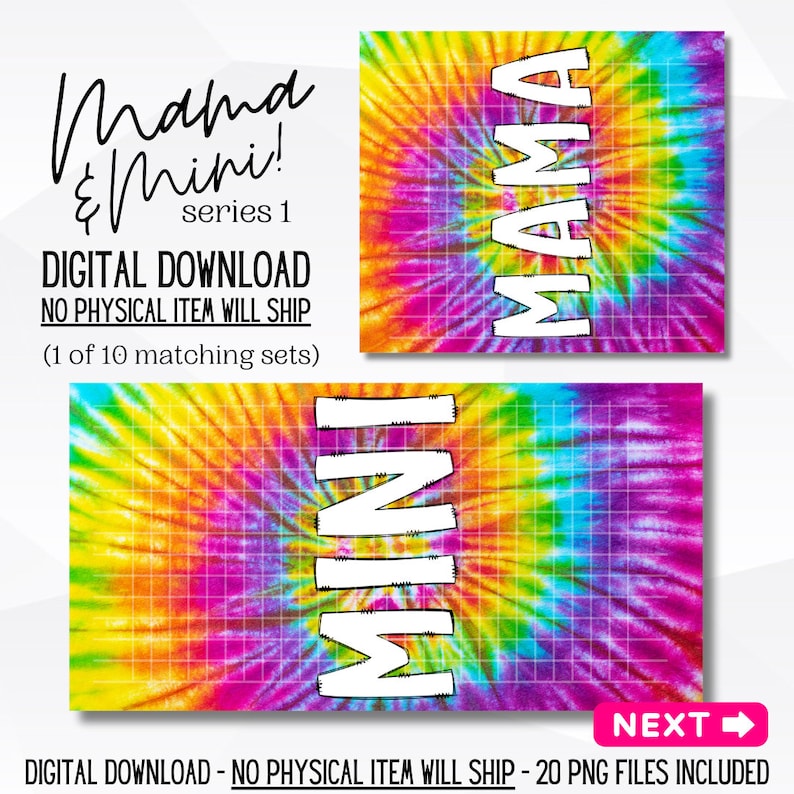 Peut inclure: Deux mod&egrave;les de t&eacute;l&eacute;chargement num&eacute;rique avec un fond tie-dye aux couleurs vives. Un mod&egrave;le dit "MAMA" en blanc, l'autre dit "MINI". Le texte "Mama & Mini!" et "s&eacute;rie 1" sont &eacute;galement pr&eacute;sents. Le texte "T&Eacute;L&Eacute;CHARGEMENT NUM&Eacute;RIQUE AUCUN ARTICLE PHYSIQUE NE SERA EXP&Eacute;DI&Eacute;" est inclus.