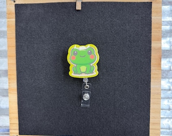 Handmade Green Frog Badge Reel, Glittery Kawaii ID Holder, Retractable Work Accessory