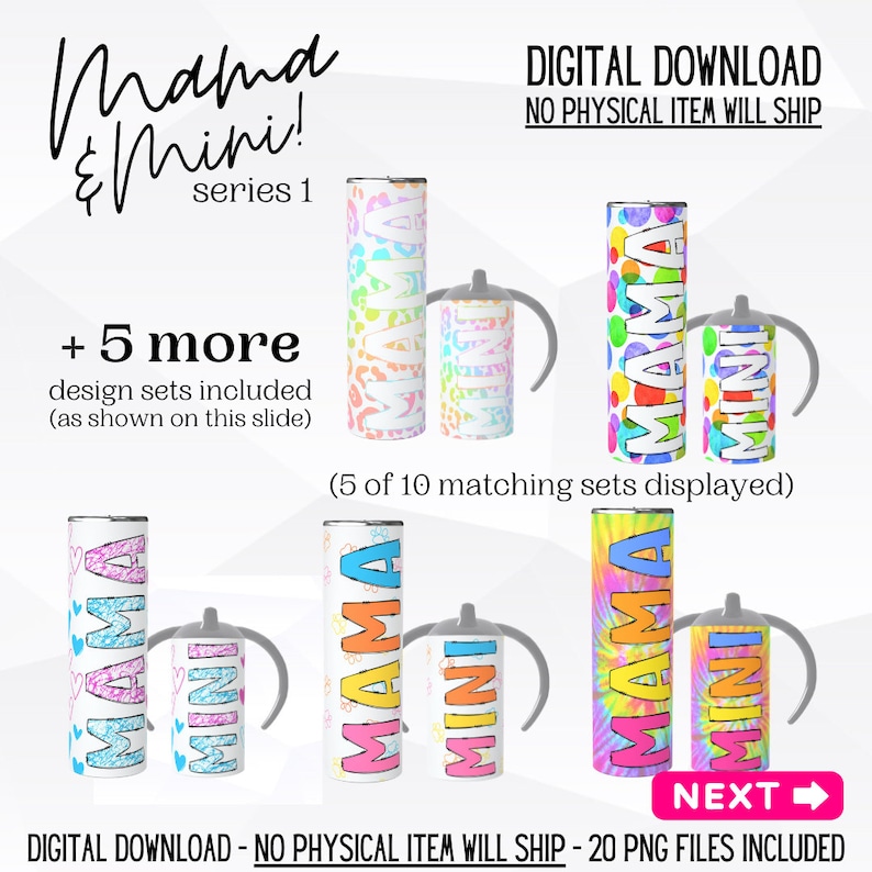 Peut inclure: Graphique de t&eacute;l&eacute;chargement num&eacute;rique pr&eacute;sentant plusieurs mod&egrave;les de gobelets et de tasses &agrave; bec. Les gobelets et les tasses portent les mots "Mama" et "Mini" dans divers motifs color&eacute;s, notamment des imprim&eacute;s l&eacute;opard, des pois et des tie-dye. Le texte "T&eacute;l&eacute;chargement num&eacute;rique" est &eacute;galement pr&eacute;sent.