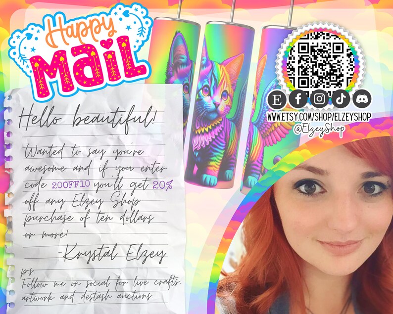 Peut inclure: L'image pr&eacute;sente trois gobelets color&eacute;s sur le th&egrave;me des chats avec un design arc-en-ciel. Le texte "Happy Mail" et "Hello beautiful!" sont affich&eacute;s, ainsi que les informations des r&eacute;seaux sociaux et un code QR de la boutique.
