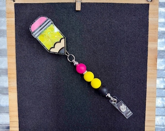 Handmade Glitter Pencil Badge Reel, Retractable Lanyard Clip, Teacher Gift