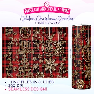 Gold Christmas Doodle | 20oz STRAIGHT Tumbler Wrap  - Vinyl, Waterslide or Sublimation printing SEAMLESS DESIGN