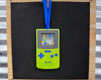 Handmade Retro Handheld Game Ornament, Tetris-Inspired Christmas Decor (3.25" Laser Cut)