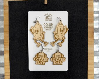 Color Your Own Football Earrings DIY Kit, 2 Pair Game Day Earrings, Laser Engraved Basswood Craft Kit, Sports Fan Gift