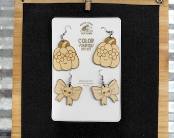 Halloween Earrings DIY Kit, Color Your Own Pumpkin & Skull Bow Earrings, 2 Pair Wooden Craft Kit, Cute Spooky Gift