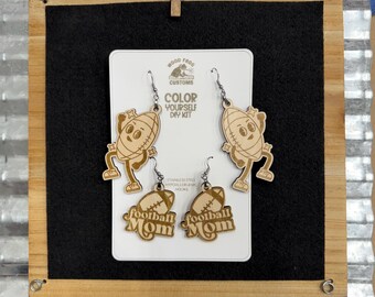 Football Mom Earrings DIY Kit, Color Your Own 2 Pair Wooden Earrings, Game Day Craft Kit, Sports Mom Gift