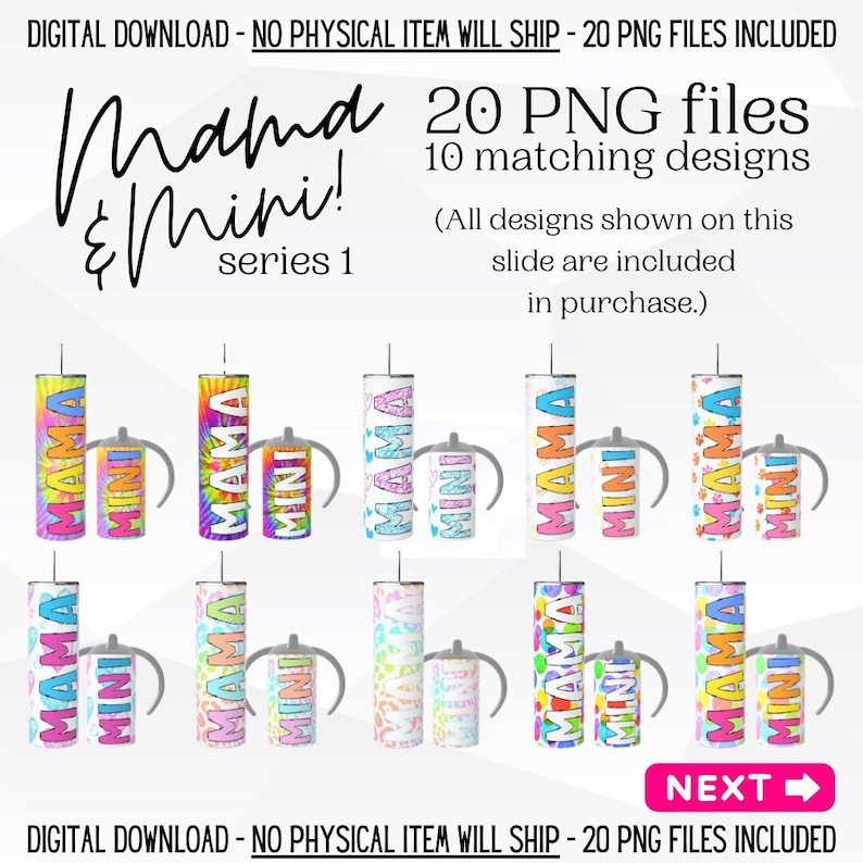 Peut inclure: T&eacute;l&eacute;chargement num&eacute;rique de 20 fichiers PNG avec des motifs assortis. L'image pr&eacute;sente des gobelets et des gobelets &agrave; bec avec les mots "Mama" et "Mini" dans des couleurs vives. Les motifs incluent des motifs tie-dye, animaliers et floraux.