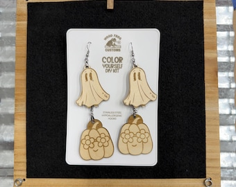 Halloween Earrings DIY Kit, Color Your Own Ghost & Pumpkin Earrings, 2 Pair Wooden Fall Craft Kit, Spooky Season Gift
