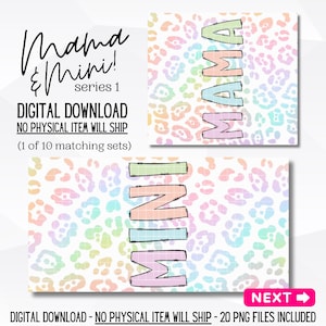 Peut inclure: T&eacute;l&eacute;chargement num&eacute;rique avec les motifs de la s&eacute;rie 1 "Mama & Mini". Les motifs comprennent les mots "Mama" et "Mini" dans des couleurs pastel, sur un fond &agrave; imprim&eacute; l&eacute;opard pastel. Le texte "T&eacute;l&eacute;chargement num&eacute;rique" est &eacute;galement inclus.