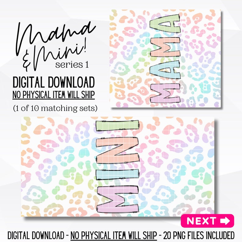 Peut inclure: T&eacute;l&eacute;chargement num&eacute;rique avec les motifs de la s&eacute;rie 1 "Mama & Mini". Les motifs comprennent les mots "Mama" et "Mini" dans des couleurs pastel, sur un fond &agrave; imprim&eacute; l&eacute;opard pastel. Le texte "T&eacute;l&eacute;chargement num&eacute;rique" est &eacute;galement inclus.