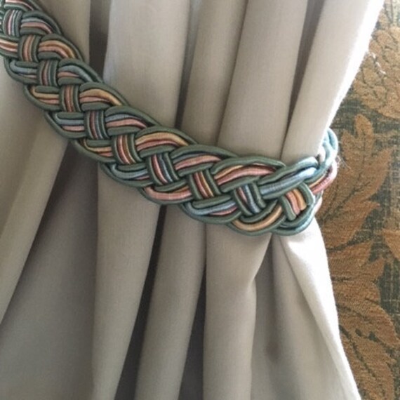 Une Fabuleuse Paire de Cravates Français Rideaux Soie Vintage Aux Couleurs Naturelles Subtilement Mé