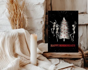 Happy Horrordays Horror Christmas Card Dancing Skeletons Holiday Card Halloween Christmas Goth Single Christmas Card