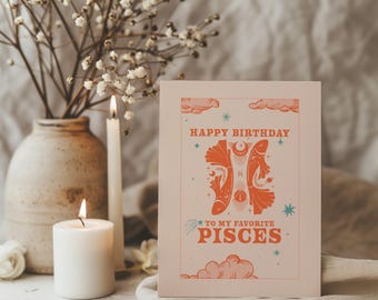 Pisces Birthday Card Pisces Retro Zodiac Sign Custom Card Happy Birthday Card My Favorite Pisces Zodiac Sign Card Friend Birthday Card 4x6"
