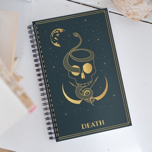 Death Tarot Card Journal with a Witchy Aesthetic Gold and Blue Tarot Blank Spiral Notebook