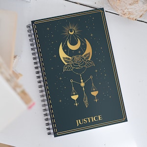 Justice Tarot Card Journal with a Witchy Aesthetic Gold and Blue Tarot Blank Spiral Notebook