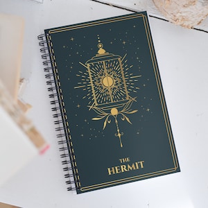 The Hermit Tarot Card Journal with a Witchy Aesthetic Gold and Blue Tarot Notebook