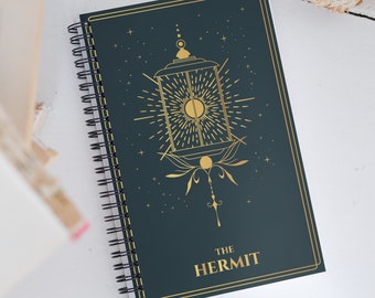 The Hermit Tarot Card Journal with a Witchy Aesthetic Gold and Blue Tarot Notebook