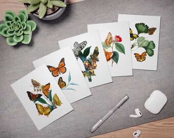 Jeu de 5 cartes de correspondance vintage papillon avec enveloppes | Papeterie vierge colorée représentant des papillons et des mites | Articles en papier, respectueux de l'environnement