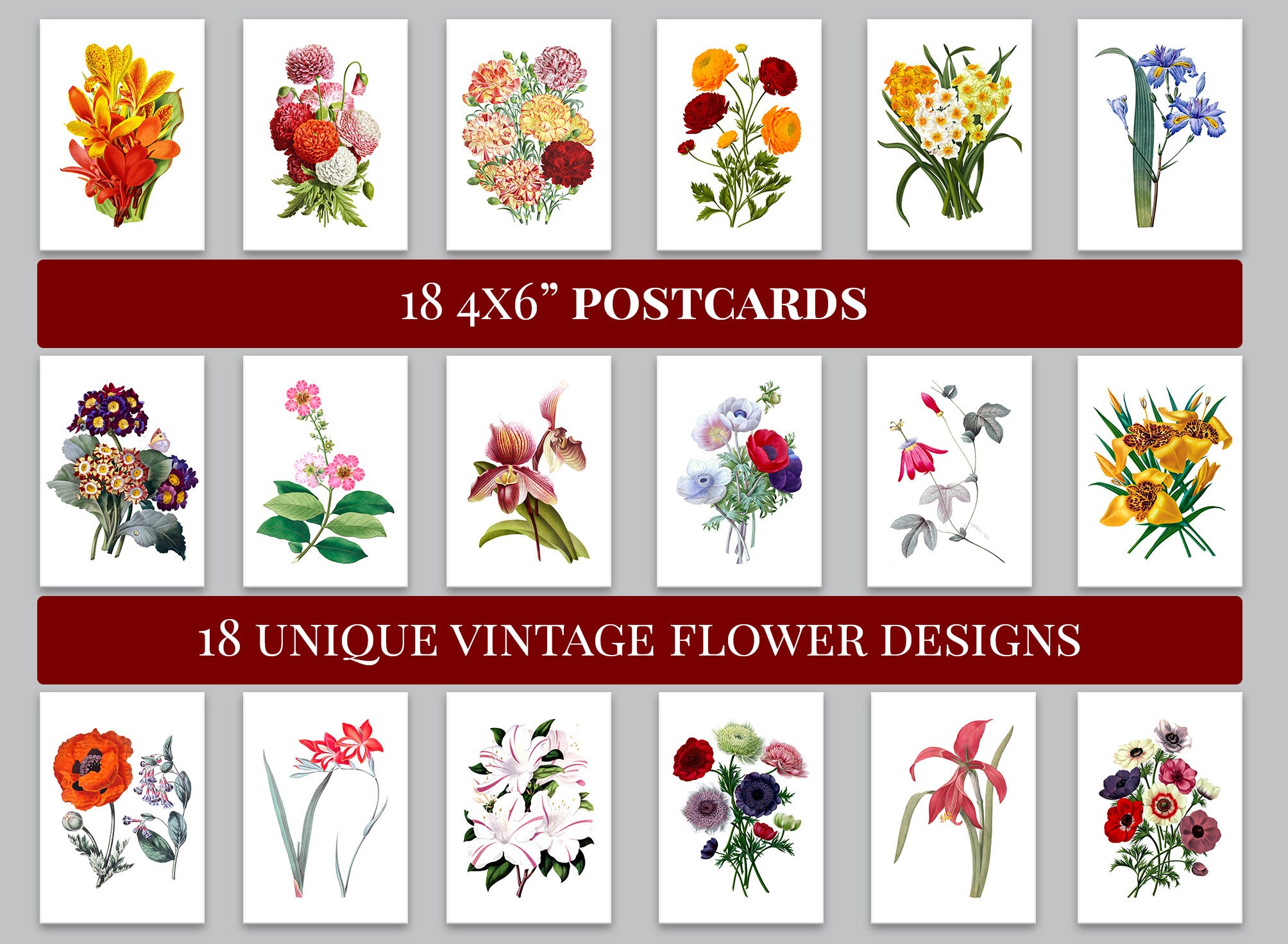 18 Vintage Flower Postcards Handmade Postcard Set Set of 18 Etsy