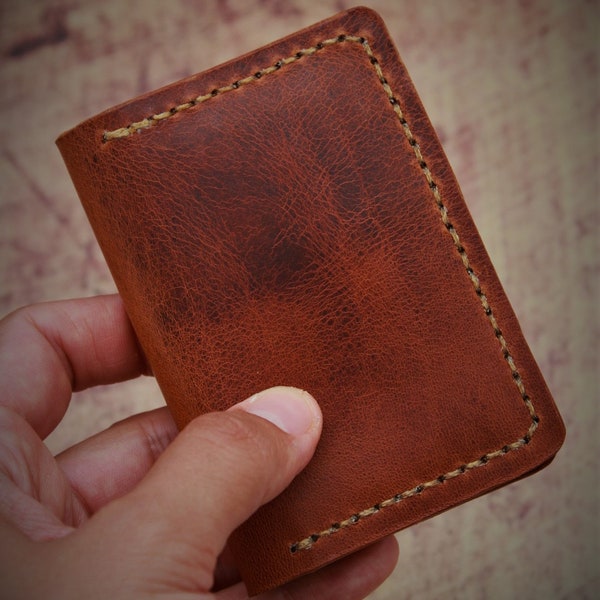 Kreditkartenetui Personalisiert mit Individueller Gravur, Leder Bifold Portemonnaie, Echtes Leder, Cognac-Braun, Minimalistisches Geldbeutel