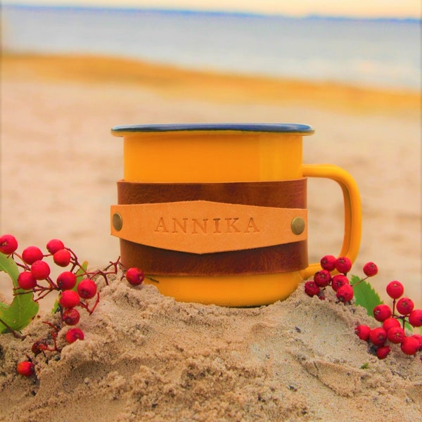 Tasse per e-mail personalizzate, Tasse da 12 once, Weihnachtsgeschenk, Leder Emaille Becher, Camping Becher, Reisetasse, Outdoor Becher