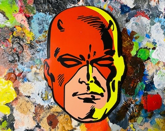 Arte de pared de cómic con cabeza de madera de Daredevil