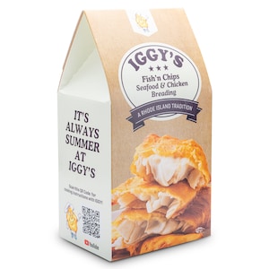 May include: A brown cardboard box with a white label that says "It's Always Summer at Iggy's". The box is shaped like a house and has a picture of a stack of fried fish and chips on the front. The label also includes a QR code and the text "Scan this QR Code for cooking instructions with IGGY!" and "IGGY'S Fish'n Chips Seafood & Chicken Breading A RHODE ISLAND TRADITION".