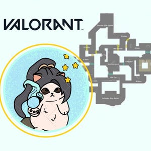 May include: A digital illustration featuring the word "VALORANT" in black text. A cartoon cat character with a blue orb and stars is inside a blue circle. A map of a game level is on the right.