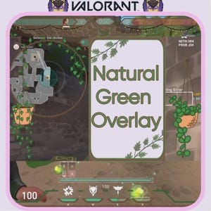 Peut inclure: Un overlay de jeu Valorant avec le texte "Natural Green Overlay" en vert. L'overlay présente une carte, des statistiques de jeu et des vignes décoratives. L'arrière-plan est une capture d'écran du jeu.