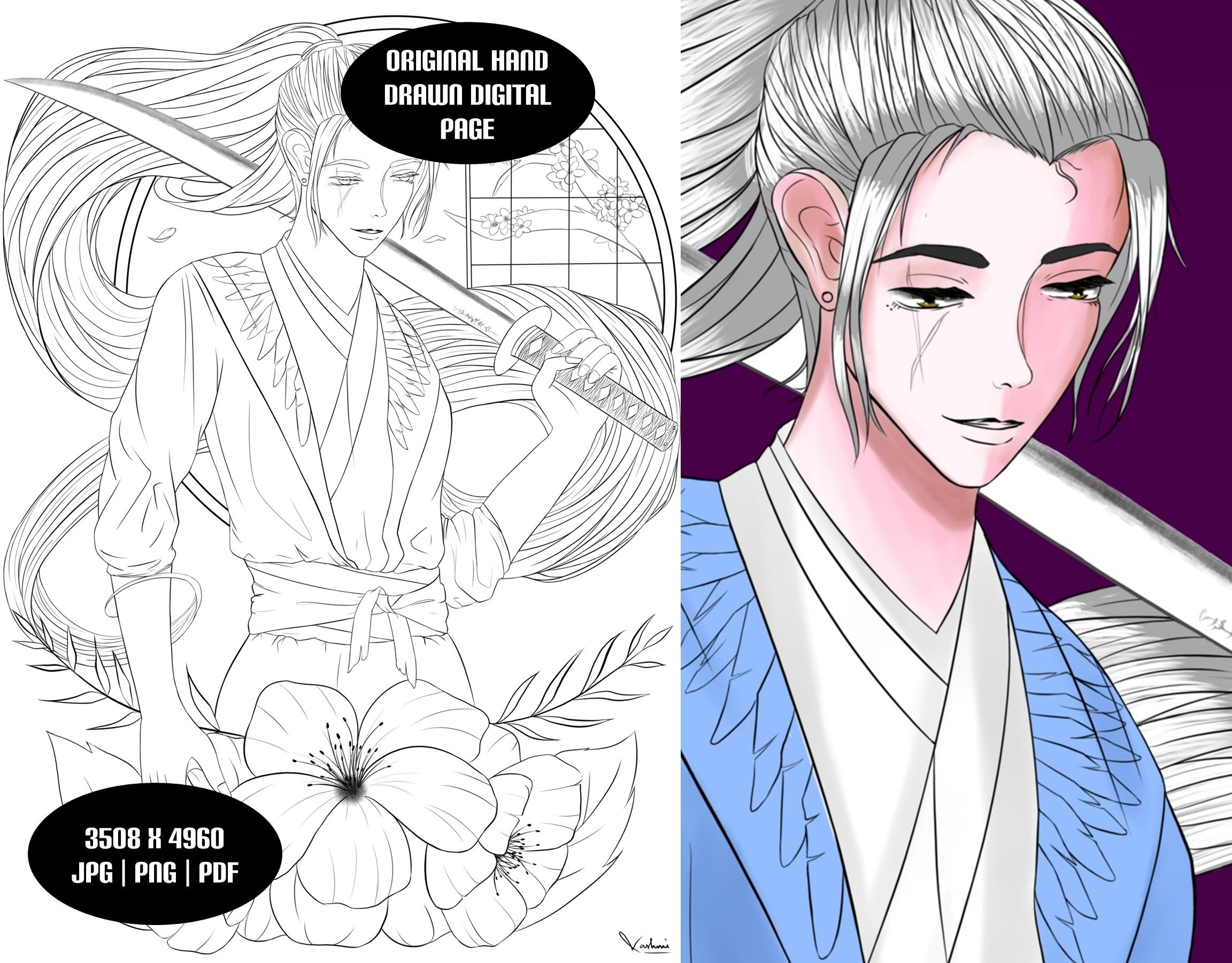 Anime Coloring Page Pdf, Printable Adult Coloring Page, Manga Samurai ...