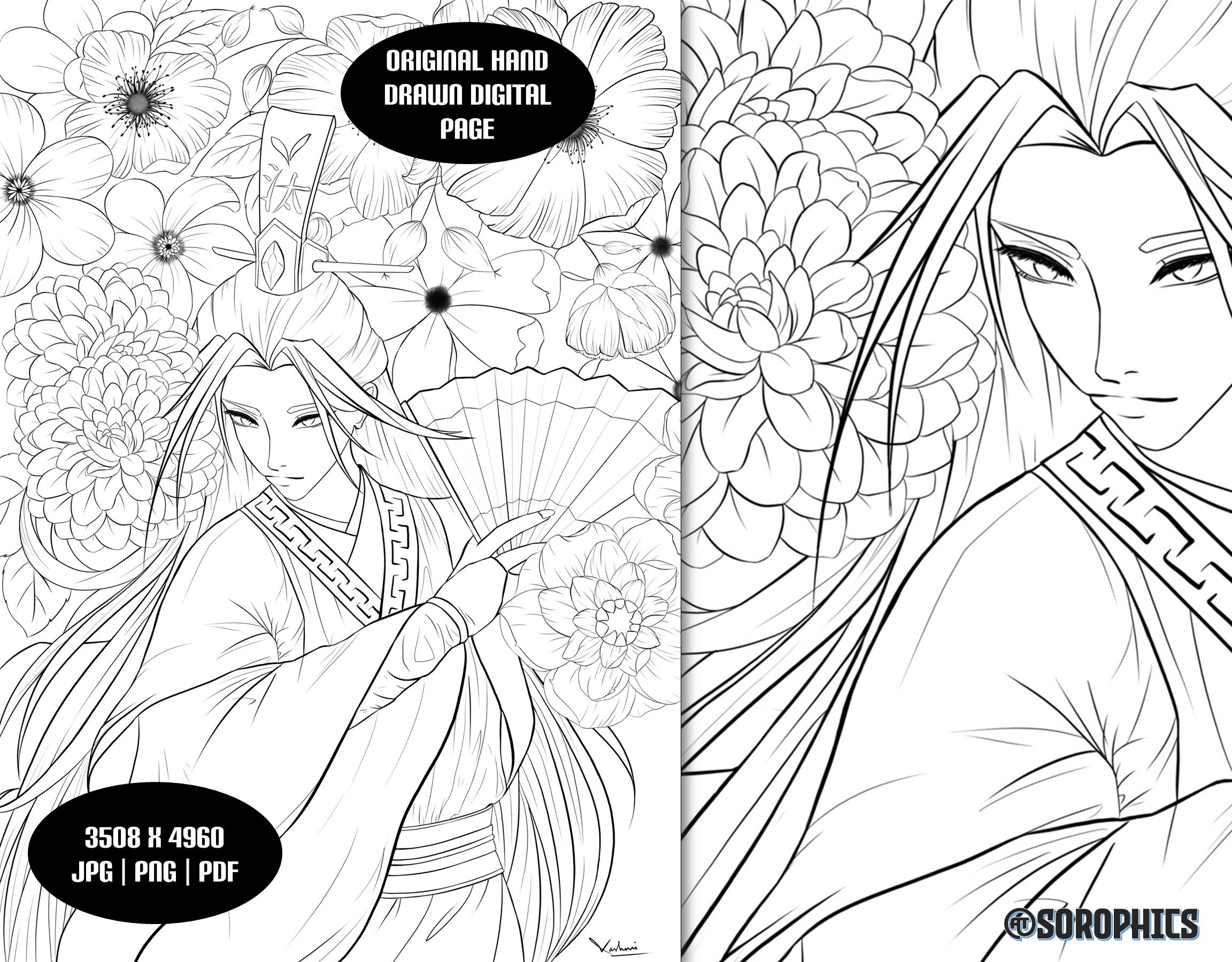 Adult Coloring Page, Printable Anime Coloring Book, Instant Download