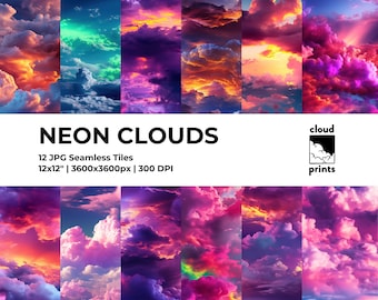 DIGITAL NEON CLOUDS Seamless Paper - Printable Scrapbook Paper Textures - Commercial Use Seamless Neon Clouds Wrap