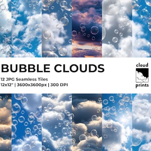 Peut inclure: Douze tuiles de papier numérique sans couture représentant un ciel bleu avec des nuages blancs et des bulles transparentes. Les tuiles mesurent 3600 pixels par 3600 pixels et 300 DPI.