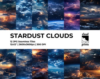 May include: Twelve seamless digital tile images of colorful, swirling clouds with stars in a dark blue sky. The tiles are 3600 pixels by 3600 pixels and 300 DPI. The text "STARDUST CLOUDS" and "cloud prints" is visible in the image.
