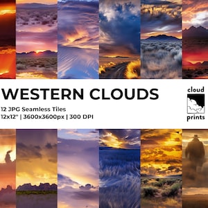 Könnte beinhalten: Zwölf nahtlose digitale Papierfliesen mit verschiedenen Sonnenuntergängen und bewölkten Himmeln in einer westlichen Landschaft. Die Fliesen sind 3600 Pixel mal 3600 Pixel groß und haben 300 DPI. Der Text "WESTERN CLOUDS" und "cloud prints" ist im Bild sichtbar.