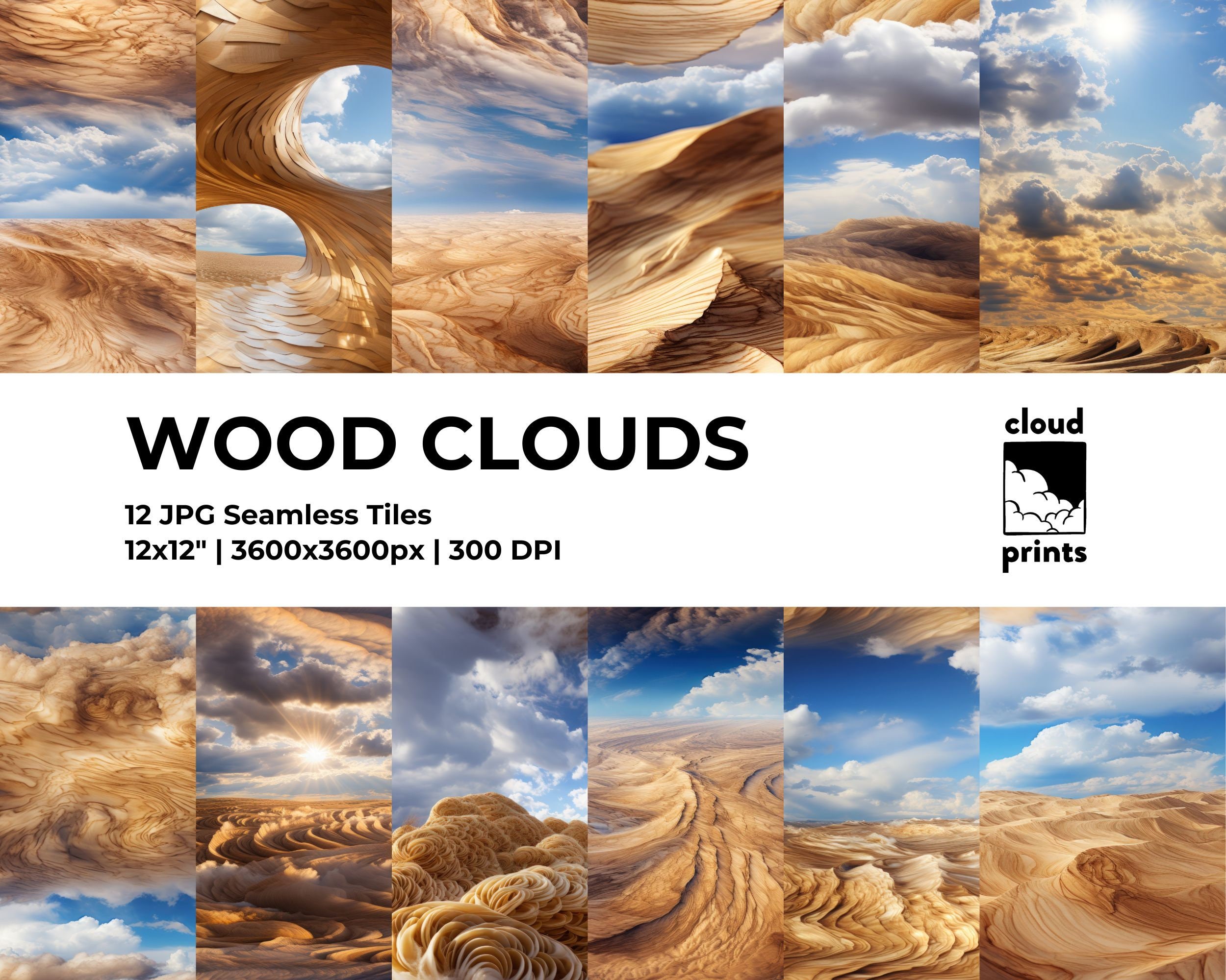 Wood Clouds Digital Paper - Seamless High Resolution Sky Patterns for Crafters, Wooden Textures, Natural Rustic Decor, Unique Printable Art