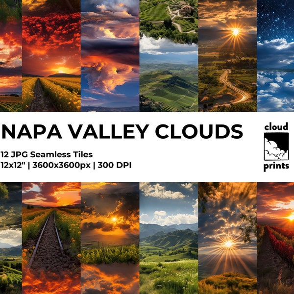 Napa Valley Clouds Seamless Pattern - Digital Prints of California, Vineyard Scrapbooking Paper, Western Wallpaper, Instant Download