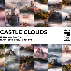May include: A digital collage of 12 seamless tile images featuring a fairytale castle nestled in a misty mountain landscape. The castle is surrounded by lush green trees and clouds. The text "CASTLE CLOUDS" and "cloud prints" is visible in the image.