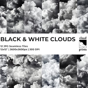 May include: Twelve seamless black and white cloud patterns, each 3600 x 3600 pixels, perfect for digital design projects.