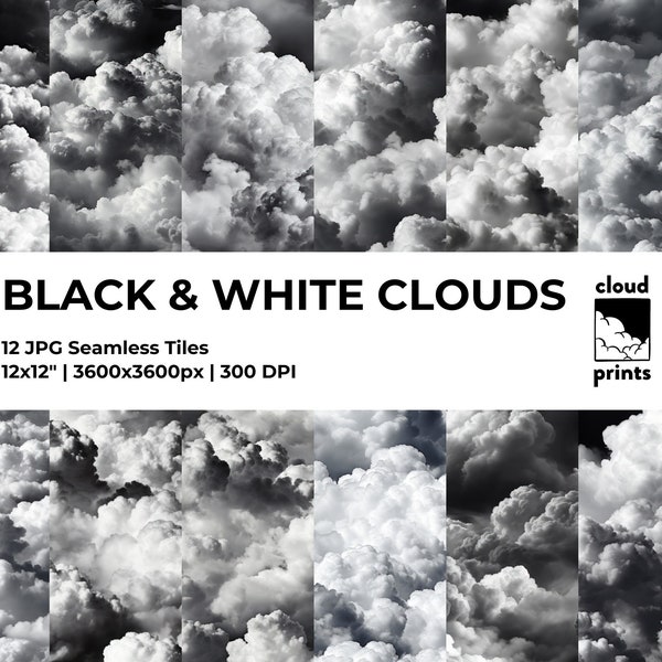 Black & White Clouds Digital Paper - Seamless Files, BW Downloadable Art, Cloud Print, Commercial Use.