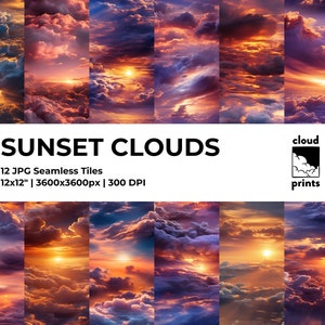 May include: A digital art collection featuring 12 seamless tiles of sunset clouds. Each tile measures 12x12 inches and showcases vibrant colors of orange, pink, and purple. The image includes the text "SUNSET CLOUDS" and "cloud prints".