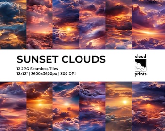 Pacote de papéis digitais sem emendas com tema de nuvens ao pôr do sol, download instantâneo.