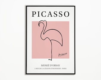 Picasso Line Art Posters, De Flamingo, Museum Print, Lijntekening, Minimalistische Kunst, Dierlijke Tekening, Cadeau Idee, Home Decor, Kunst aan de muur