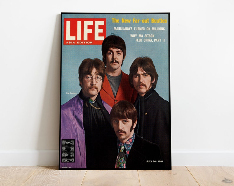 May include: A vintage LIFE magazine cover featuring a photo of the Beatles. The cover is blue and features the text "The New Far-out Beatles" and "MARIJUANA'S TURNED-ON MILLIONS". The cover also includes the text "WHY MA SITSON FLED CHINA, PART II" and "JULY 24 - 1967".