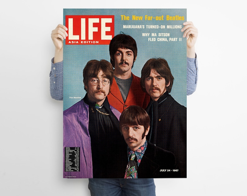 May include: A vintage LIFE magazine cover featuring The Beatles with the headline "The New Far-out Beatles". The cover is dated July 24, 1967, and includes the subheadings "Marijuana's Turned-on Millions", "Why Ma Sitson Fled China, Part II".