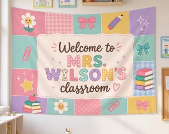 Custom Patchwork Teacher Classroom Tapestry, Classroom Decor, Personalized Cute Teacher Tapestries, Classroom Banner, Back To School Decor