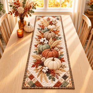 May include: A rectangular quilted table runner featuring a central autumn-themed print of pumpkins, wheat stalks, cotton bolls, and fall leaves in shades of orange, green, and cream, bordered by a brown and cream checkered pattern on the ends.