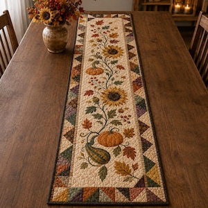 May include: A rectangular quilted table runner featuring a central cream-colored panel with a printed design of sunflowers, orange pumpkins, green gourds, and autumn leaves. The border consists of a geometric pattern of small multi-colored triangles.