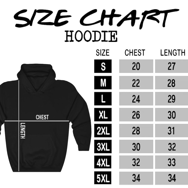 Op de afbeelding: Maattabel voor hoodies, met borst- en lengtemaat in inches voor maten S tot en met 5XL.
