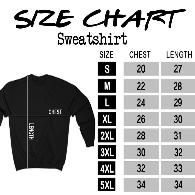 Op de afbeelding: Maattabel voor een sweatshirt met metingen in inches voor de borst en lengte. De maten vari&euml;ren van S tot 5XL.